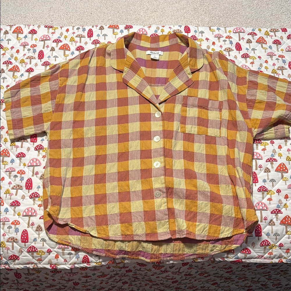 Madewell Yellow and Orange Button Down Shirt Plaid oversized cropped camp shirt